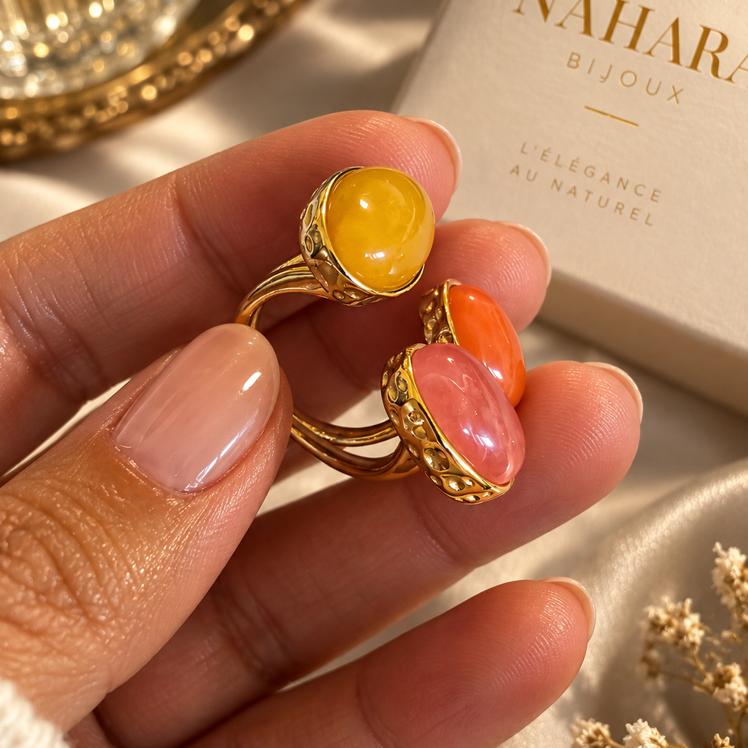 Bague trio cabochon quartz teinté aventurine jaune et pierre de soleil
