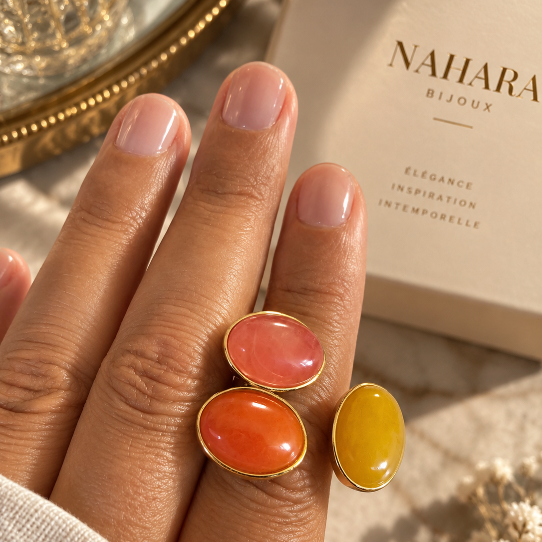 Bague trio cabochon pierre de soleil
