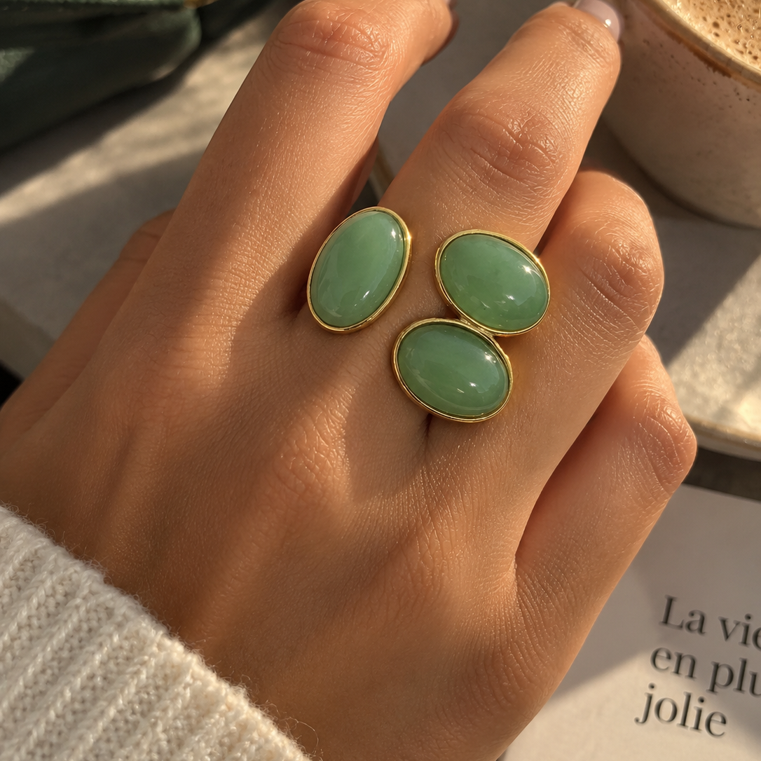 Bague cabochon trio verte aventurine