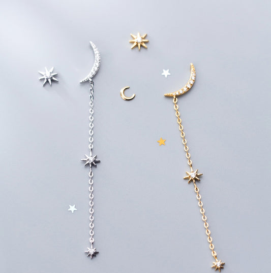 Boucle d'oreille pendante lune et étoile argent et or NaharaBijoux
