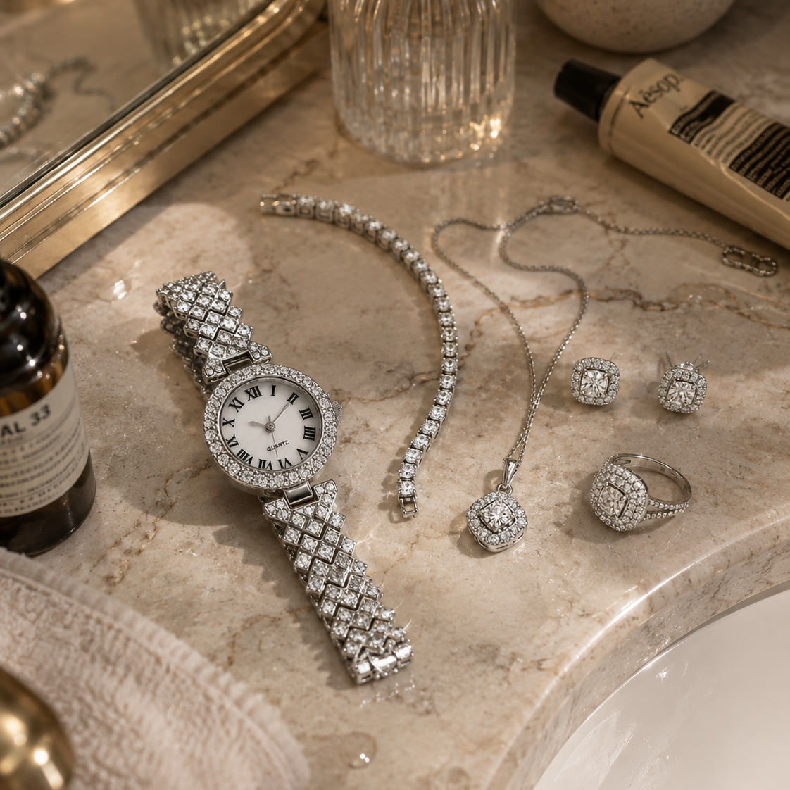 Bijoux et montre argent strass