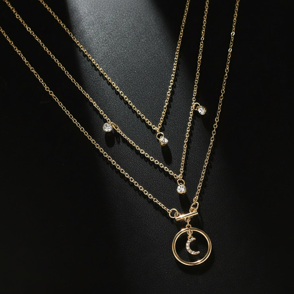 Collier 3 Chaînes Doré – Pendentif Lune Collier 3 chaînes lune et strass NaharaBijoux