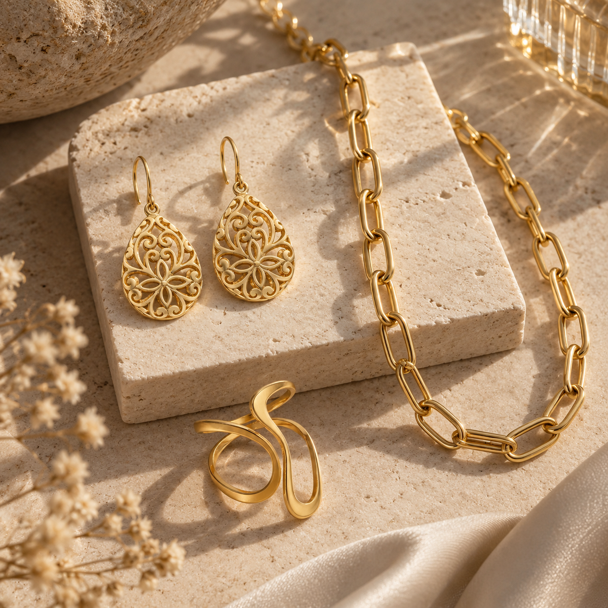 Elégance bijoux dorée sur travertin