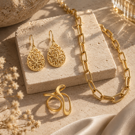 Elégance bijoux dorée sur travertin